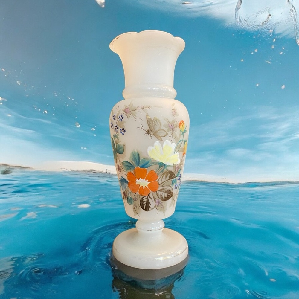 Antique Victorian Bristol Glass Vase Hand Painted Floral Gold Trim 10”